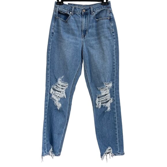 American Eagle Outfitters Denim - American Eagle SZ 4 Mom Jeans High-Rise Whiskered Distressed Pocket Frayed Hems